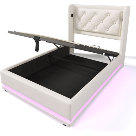 Cama individual tapizada de 90 x 200 cm, con canapé hidráulico de PU blanco, cabecero con iluminación LED y puerto de carga USB tipo C, apta para adolescentes y adultos (colchón incluido).