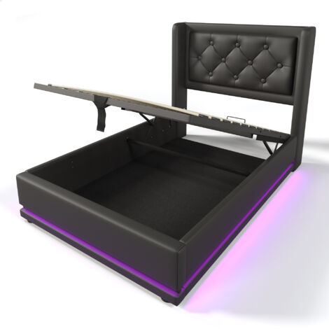 Cama individual tapizada de 90 x 200 cm con canapé hidráulico de PU negro, cabecero con iluminación LED y puerto de carga USB tipo C, ideal para adolescentes y adultos (colchón no incluido).
