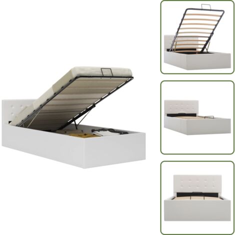 Cama individual - vidaXL Cama canapé hidráulica cuero sintético blanco 100x200 cm - Cama con mecanismo hidráulico