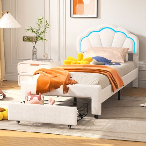 PERGAR Cama individuales 90x200 cm, camas infantiles con cajón, cabecero pétalos, somier de láminas, LED regulable, terciopelo, blanco