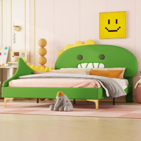 Cama infantil 140x200 cm cabecero con forma de dinosaurio de dibujos animados material PU verde(Sin Colchón)