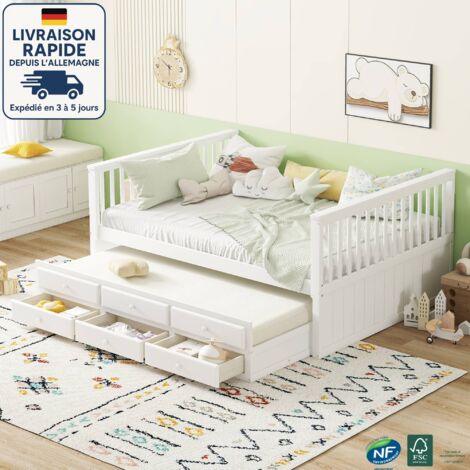 MODFU Cama infantil 140x200 cm con cama nido 90x190 cm y 3 cajones, color blanco (sin colchón)