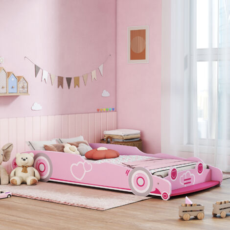 Cama Infantil 70x140 cm con Barrera Anticaídas y Somier Cabecero en Forma de Coche Rosa