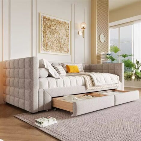 Cama infantil 90/180x200 cm sofá cama cuadrado con respaldo, cama extensible, 2 cajones, color Beige(Sin colchón)
