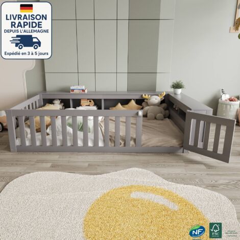 Cama infantil 90 x 200 cm - Con somier y laterales - Estilo escandinavo - Madera con certificación PEFC - Compartimentos de almacenaje integrados junto a la cama - Gris