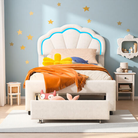 Cama infantil 90 x 200 cm - tejido de terciopelo - LED y cajones - estructura de cama 90 x 200 cm - Blanco