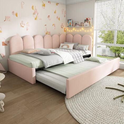Cama infantil 90x190/90x200 cm, con somier extraíble, somier de láminas, tejido terciopelo, Rosa (Sin colchón)