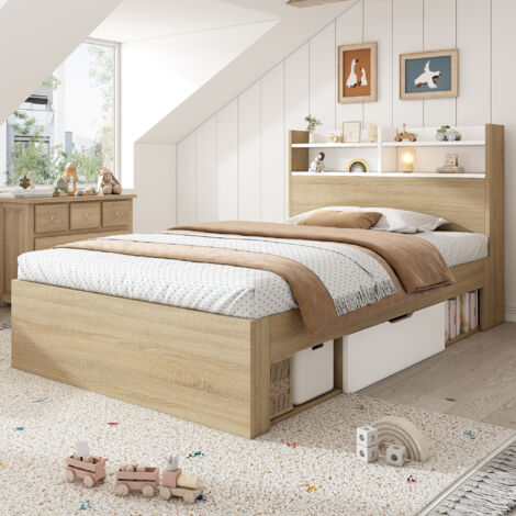 Cama infantil 90x190 cm con cabecero con estante, 2 cajones y compartimentos de almacenaje abiertos color blanco/roble (Sin colchón)