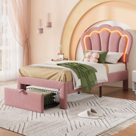 Cama infantil 90x190 cm con luces LED y cajones somier de láminas cabecero ajustable terciopelo rosa (Sin Colchón)