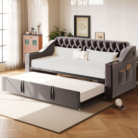 Cama infantil 90x190 cm convertible 180x190 con USB y almacenaje integrado, cómodo, terciopelo, gris(Sin colchón)