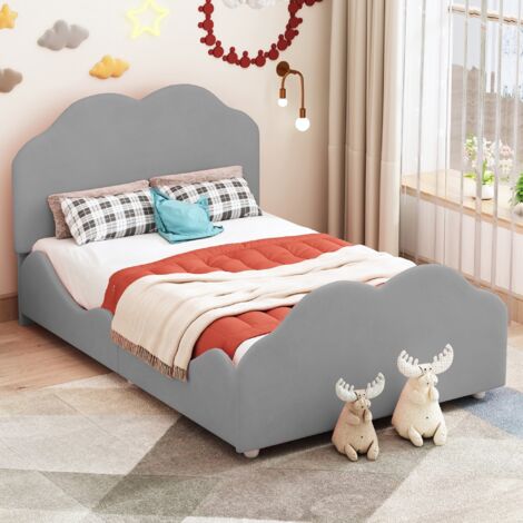 Cama Infantil 90x200 cm Barandilla Alta Diseño Nube Terciopelo Suave Gris (Sin Colchón)