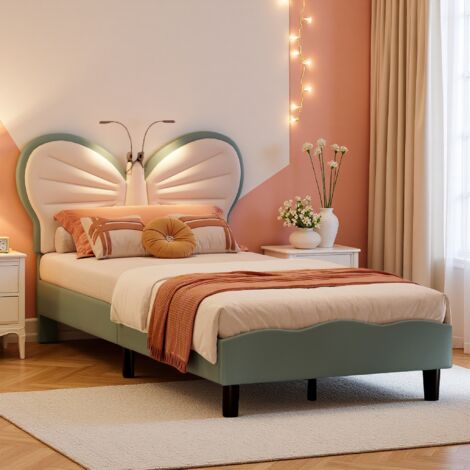 Cama infantil 90x200 cm, cama individual para niños y niñas, cama juvenil, cabecero mariposa con luz de lectura, regulable en altura, franela, blanco y azul