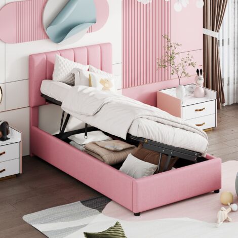 Cama Infantil 90x200 cm Con Almacenamiento Tapizado Lino Suave Rosa (Sin Colchón)