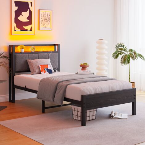 Cama infantil 90x200 cm con iluminación LED RGB, cabecero con almacenaje + puertos USB y enchufe, estructura de MDF y metal, color negro antiguo