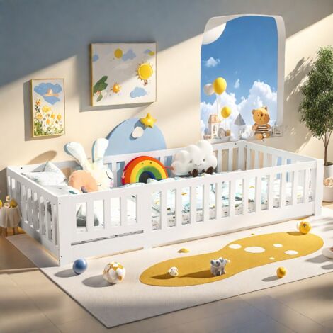 DANS LES NUAGES Cama infantil 90x200 cm con protección anticaídas - somier de lamas - madera maciza de pino - cama Montessori - ideal para niños y niñas - Blanco