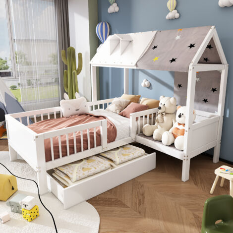 Cama infantil 90x200 cm con techo un cajón y barandillas estructura de madera blanca apta para niños y adolescentes (sin colchón)