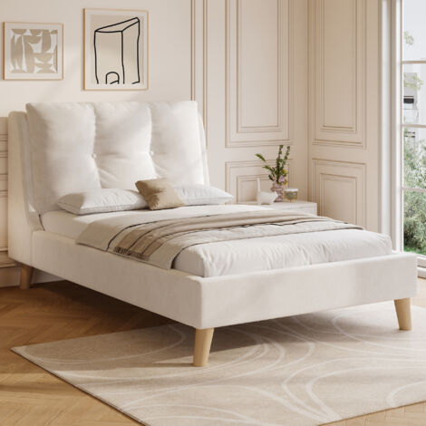 Cama infantil 90x200 cm en terciopelo con somier de láminas, cabecero acolchado ajustable, patas de madera maciza - beige