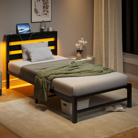 Cama infantil 90x200 cm - Estructura de cama con iluminación LED y estación de carga USB - Negro - Sin colchón