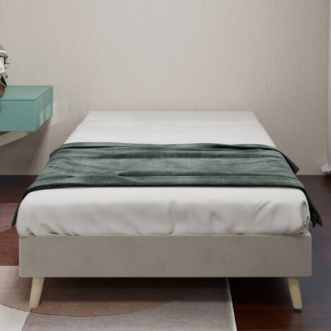 Cama Infantil 90x200 cm – Marco de Cama con Somier de Láminas Bajo – En Terciopelo Beige – Sin Cabecero, Sin Colchón