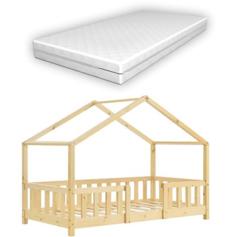 Cama infantil cabaña House con colchón barrera y base de madera de pino natural 70 x 140 cm 030005458