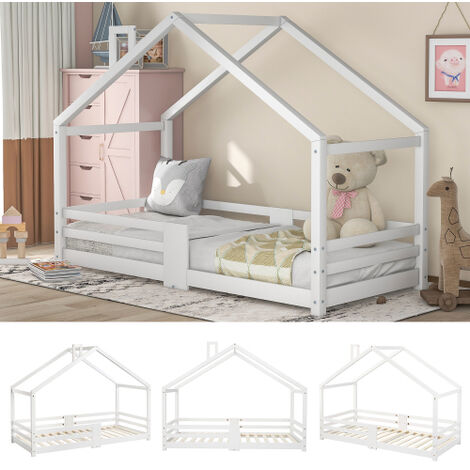 Cama infantil cama casita con chimenea  protección anticaídas  robustos somieres  cama casita de madera de pino para niños, 90 x 200 cm sin colchón, blanco