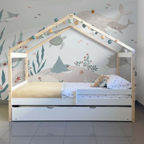 Cama infantil Montessori casita con barandilla Sawyer 90x190cm