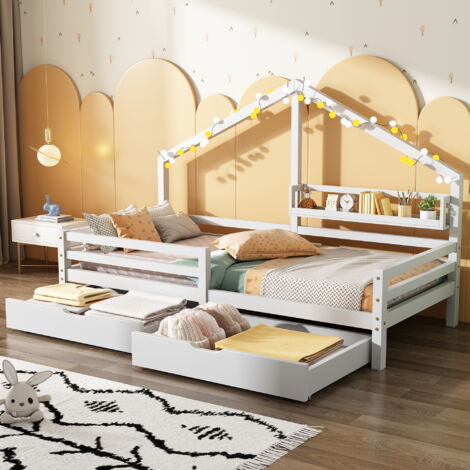 Cama infantil con 2 cajones 90x200 cm, cama individual, sin colchón, pino, blanco