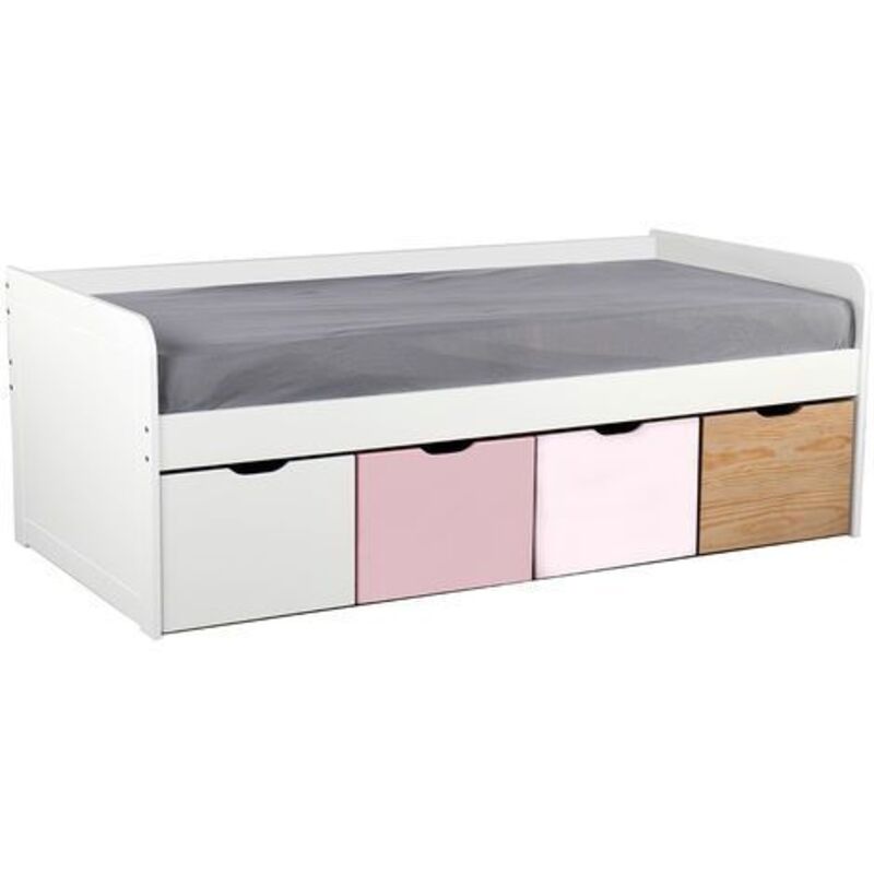 

Cama infantil con almacenaje 4 cajones madera, blanca y rosa MOLENE
