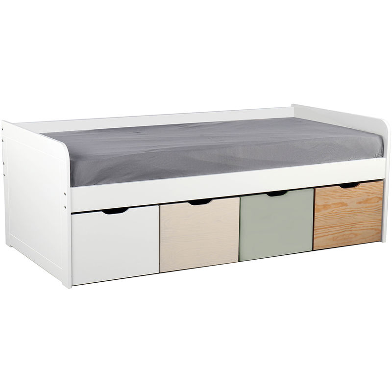 

Cama infantil con almacenaje 4 cajones madera, blanca y verde MOLENE