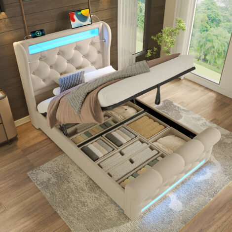 Cama infantil con almacenaje de 90x200cm con LED, individual, somier de láminas acolchado, USB + Tipo C, colchón no incluido, tapizada en terciopelo, color beige