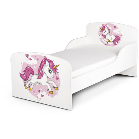 Cama infantil con colchón cómodo 140/70. Motivo: Unicornio rosado. De madera.