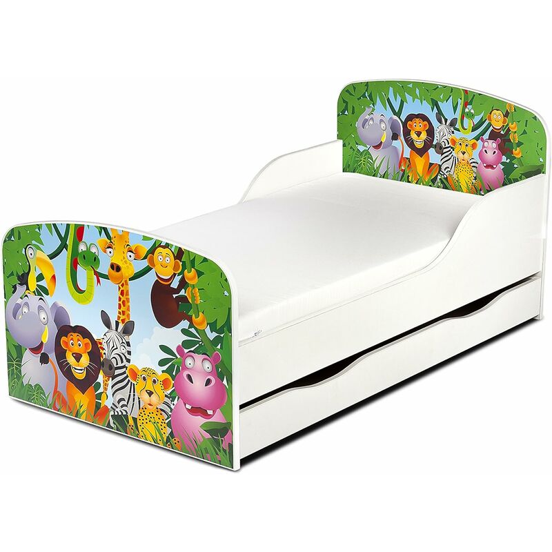 

Cama infantil con colchón cómodo y cajón 140/70. Motivo: Animales de la selva