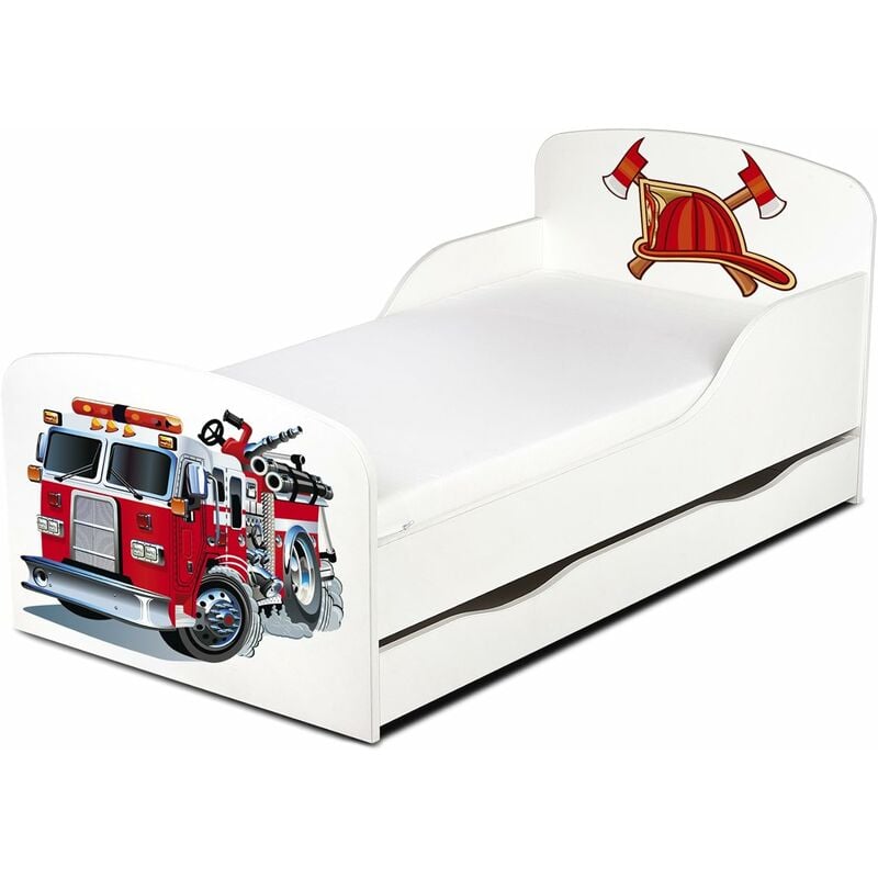 

Cama infantil con colchón cómodo y cajón 140/70. Motivo: Bombero Pequeño. De madera.