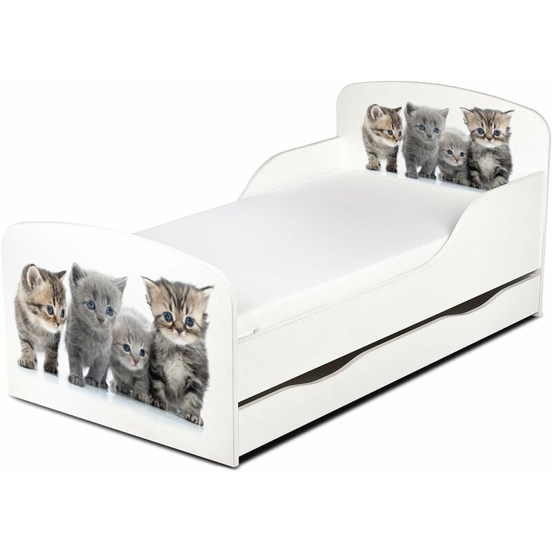 

Cama infantil con colchón cómodo y cajón 140/70. Motivo: Familia de los Gatitos.