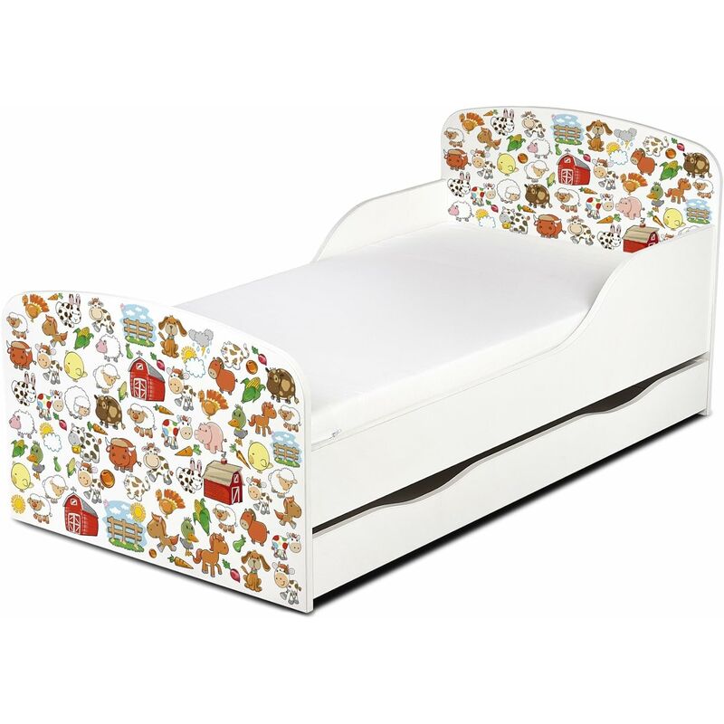 

Cama infantil con colchón cómodo y cajón 140/70. Motivo: Granja alegre
