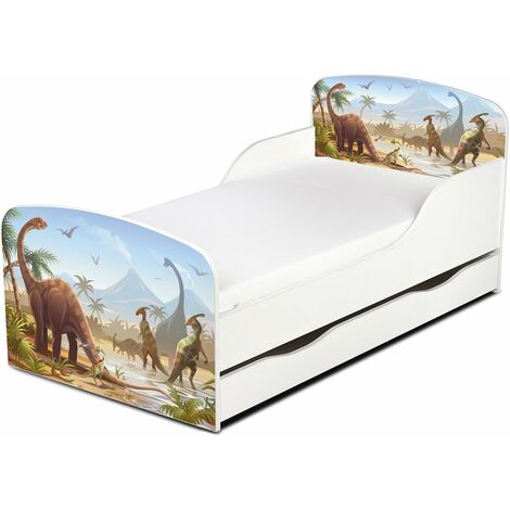 Cama infantil con colchón cómodo y cajón 140/70. Motivo: Los Dinosaurios. De madera.