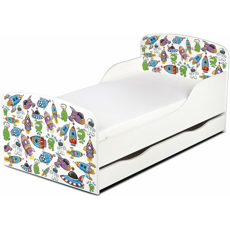 

Cama infantil con colchón cómodo y cajón 140/70. Motivo: Mundo Cósmico