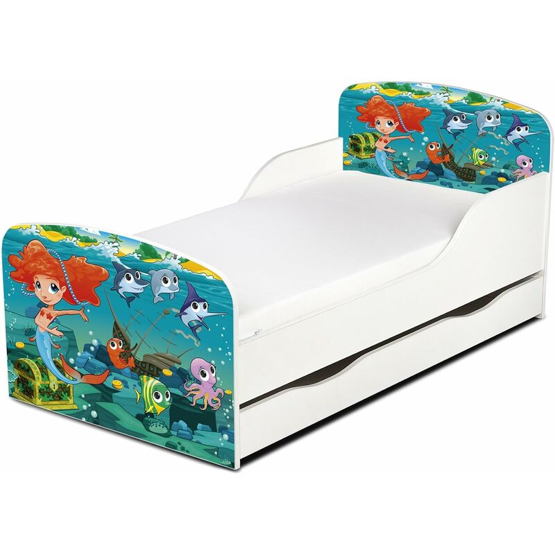 

Cama infantil con colchón cómodo y cajón 140/70. Motivo: Sirenita