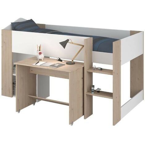 Cama infantil con escritorio desplazable Child color roble y blanco dormitorio habitación mueble 90X200 cm