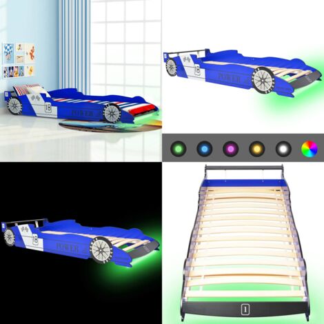 Cama infantil con forma de coche carreras y LED 90x200 cm azul - Cama con LED - Cama de coche