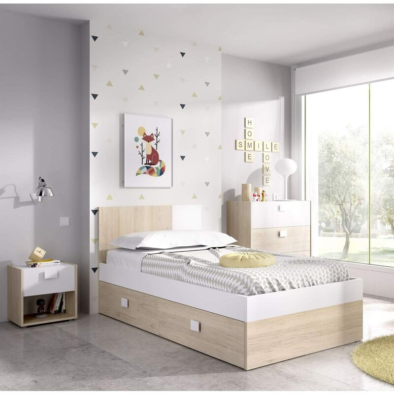 

CAMA con cajon inferior , MESITA y COMODA color Natural y Blanco,Alto 79 cm x Largo 196 cm