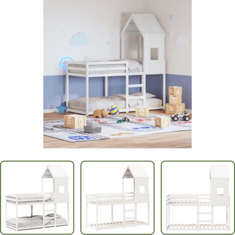 Cama infantil con techo -  Cama litera con techo madera maciza de pino blanco 90x200 cm