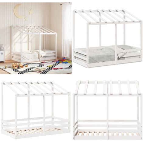 Cama infantil con techo madera maciza pino blanco 70x140 cm - Cama con techo - Madera maciza