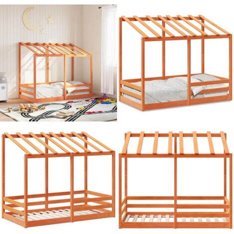 Cama infantil con techo madera maciza pino marrón 80x160 cm - Cama con techo - Madera maciza