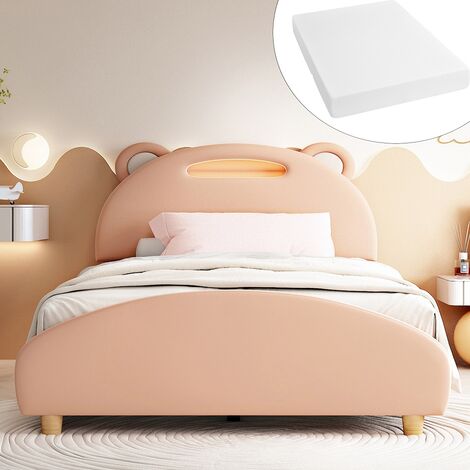 ZERBACO Cama infantil con tira de luz LED Divertida forma de la cabeza del oso Cama tapizada de terciopelo caqui 90x200 cm Con colchón