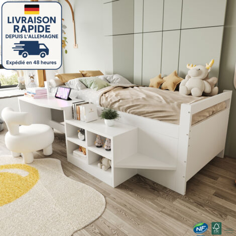 Cama infantil de 90 x 200 cm – Diseño 3 en 1: escritorio integrado, almacenaje modular, tomas USB/corriente, estructura de madera blanca, acceso mediante escalones.