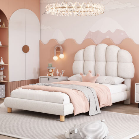 Cama infantil de 90x200 cm con somier y láminas redondeadas color blanco apta para adolescentes (Sin Colchón)