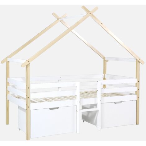 Cama infantil de madera de pino con somier incluido y 2 cajones, 90cm