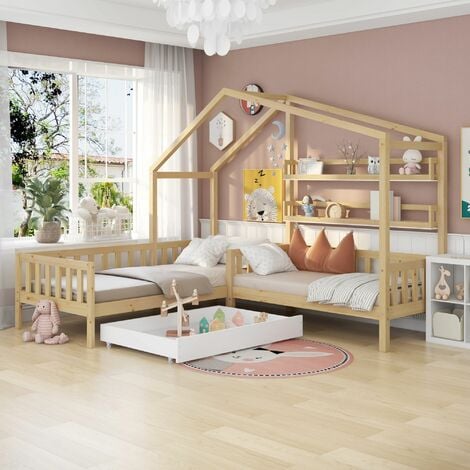 Cama Infantil de Madera Maciza, Cama Individual con Cajones y Estantes, Camas Doble Natur ( 90x200cm + 140x70cm)
