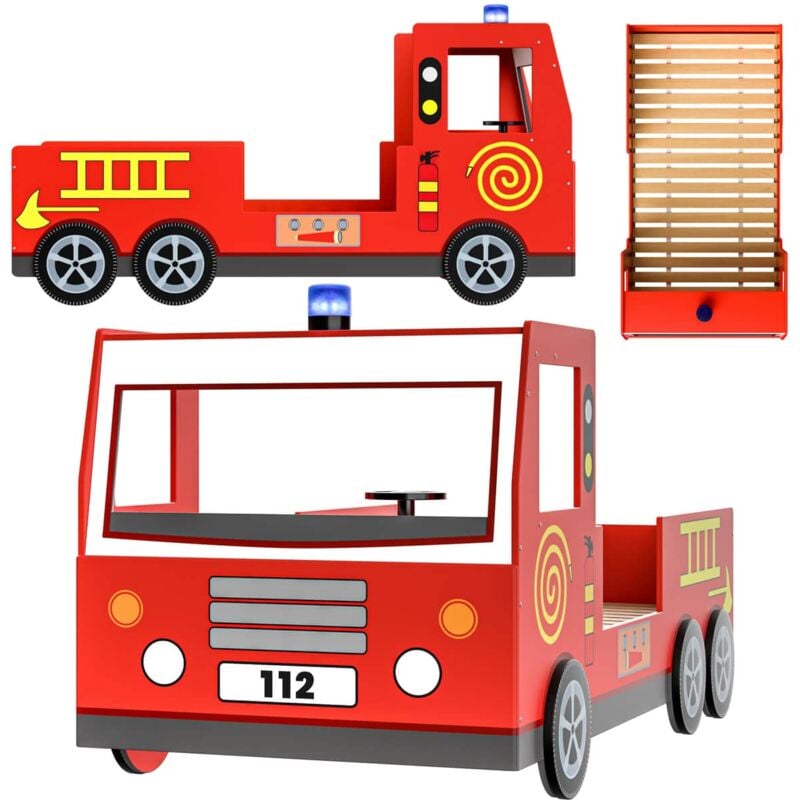 

Deuba - Cama infantil diseño moderno de coche de bomberos 200x90cm de Madera ruedas en 3D con sirena volante somier